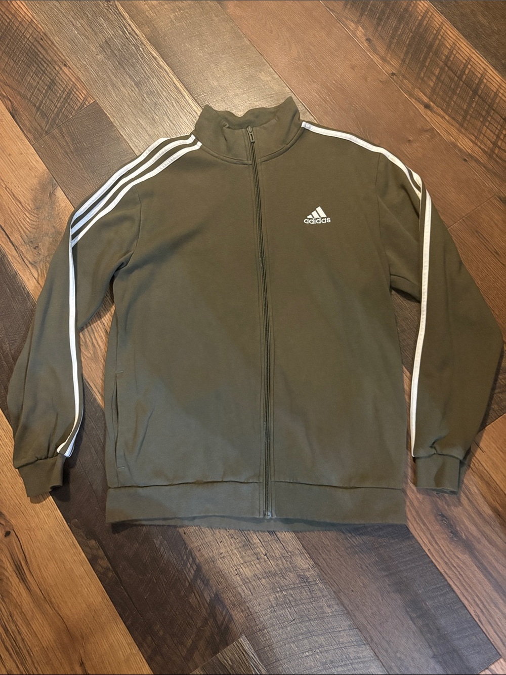 adidas Olive Green Full-Zip Track Jacket with White Stripes